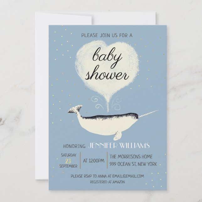 Lovely Narwhal Whale Baby Shower Blue Invitation (Front)