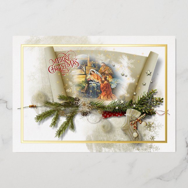 Lovely nativity collage custom Christmas Foil Holiday Card (Front)