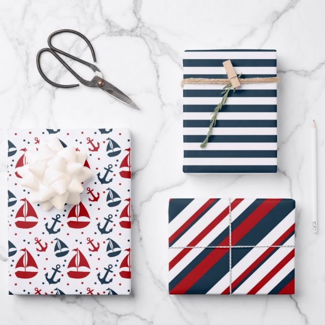 Lovely Nautical Themed Red and Blue Gift  Wrapping Paper Sheet (Front)