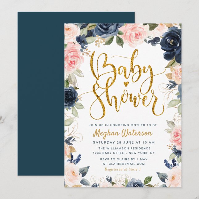 lovely navy and blush floral baby shower invitation (Front/Back)