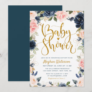 lovely navy and blush floral baby shower invitation