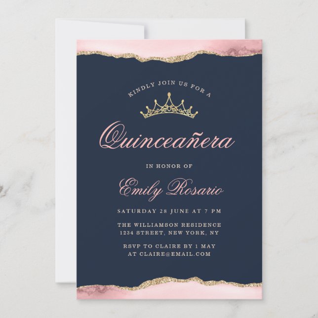 Lovely navy blue & blush agate quinceañera invitation (Front)