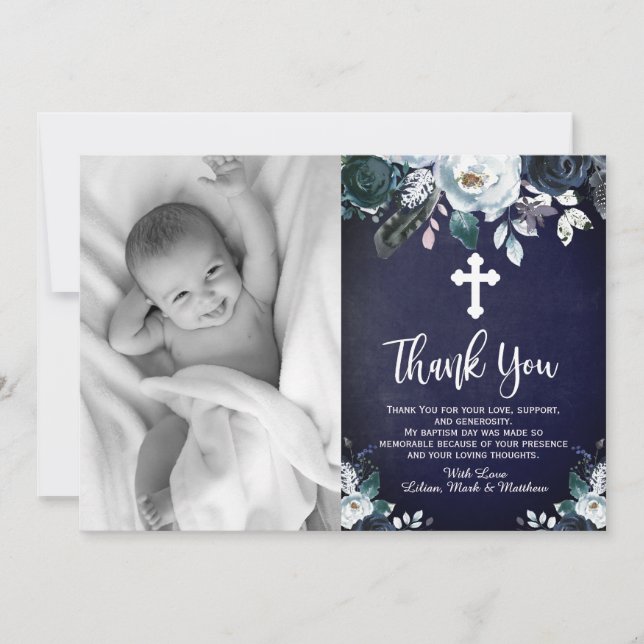 Lovely Navy Blue Floral Baptism Thank You Cards (Front)