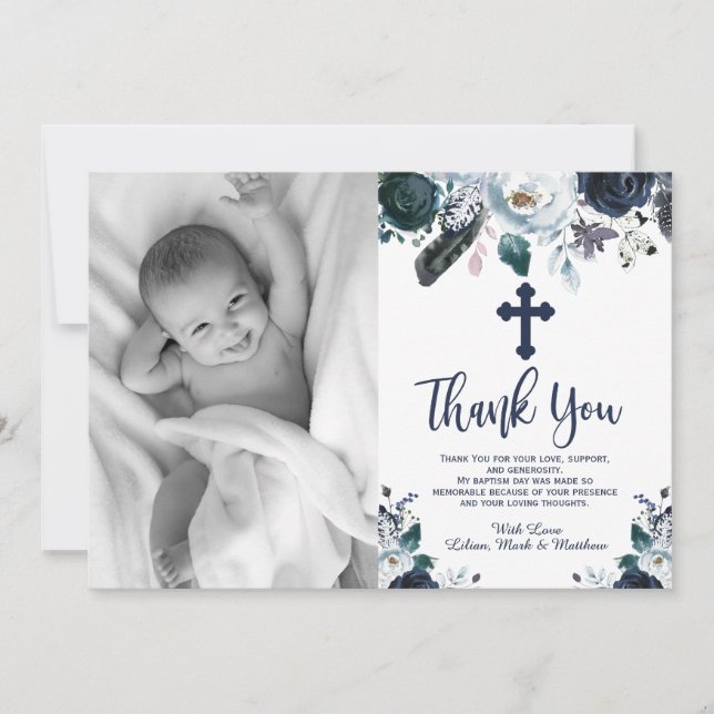 Lovely Navy Blue Floral Baptism Thank You Cards (Front)