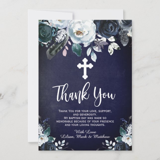 Lovely Navy Blue Floral Baptism Thank You Cards (Front)