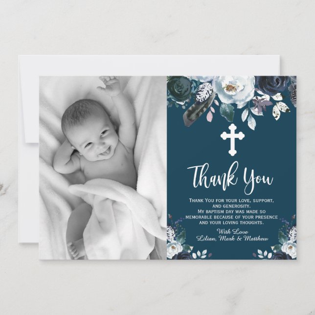 Lovely Navy Blue Floral Baptism Thank You Cards (Front)