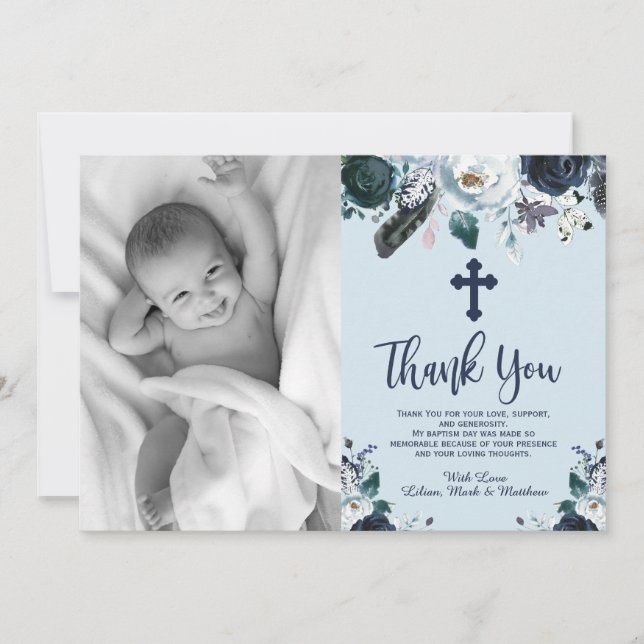 Lovely Navy Blue Floral Baptism Thank You Cards (Front)