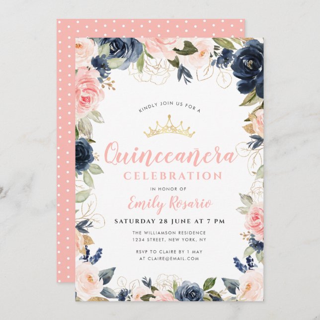 Lovely navy blue & pink blush quinceañera invitation (Front/Back)