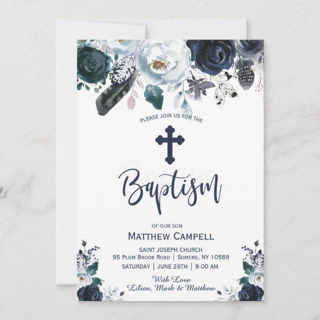 Lovely Navy Blue Rose Floral Baptism Invitation (Front)
