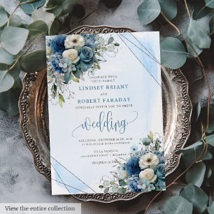 Lovely Navy Blue Silver White Roses Wedding Invite