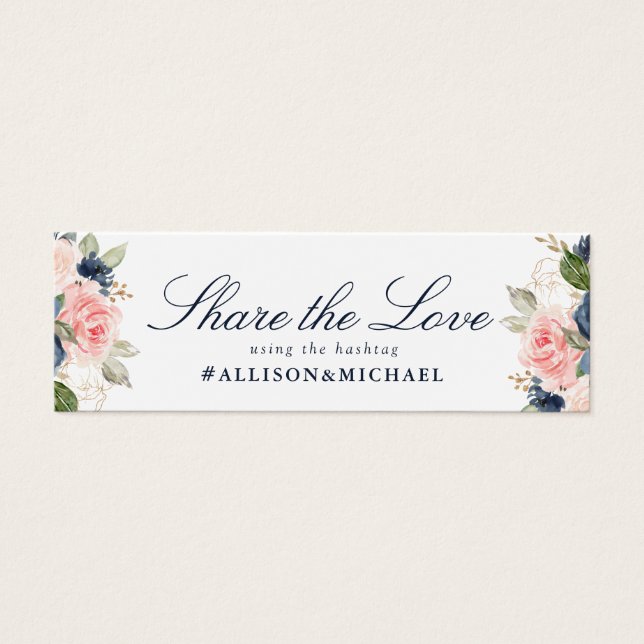 Lovely navy & blush floral wedding hashtag card (Front)