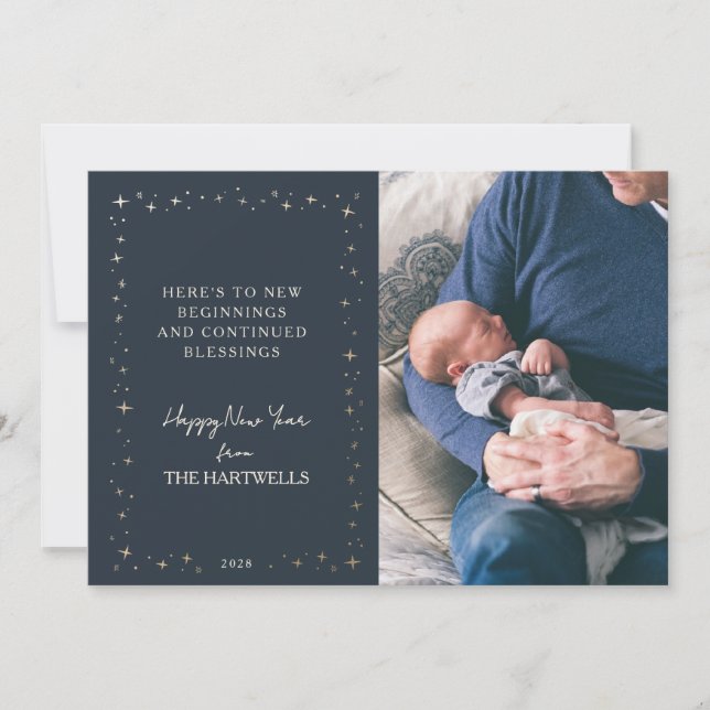 Lovely Navy Starry New Year Photo Holiday Card (Front)