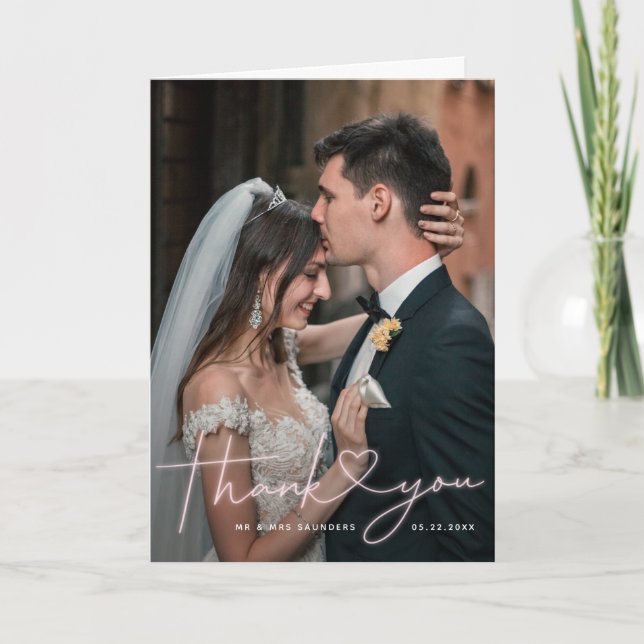 Lovely Neon Pink Heart Wedding Photo Thank You Card (Front)