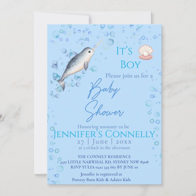 Lovely ocean Baby boy Narwhal bubbles Baby Shower Invitation (Front)