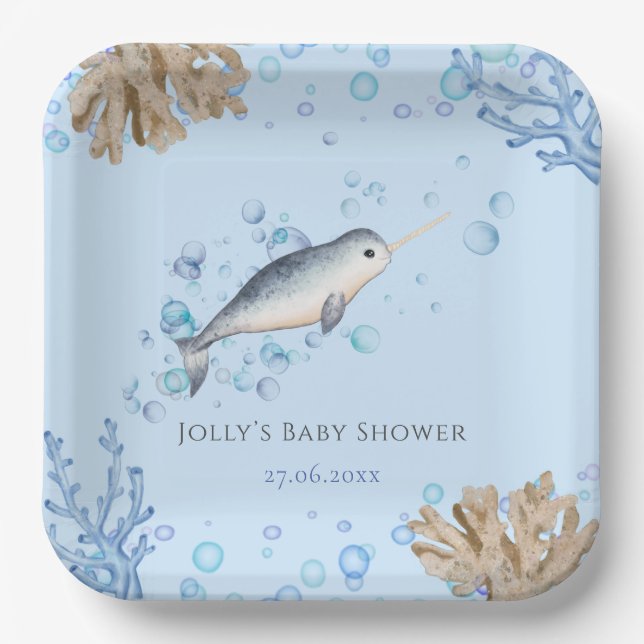 Lovely Ocean baby boy Narwhal bubbles Baby Shower  Paper Plate (Front)