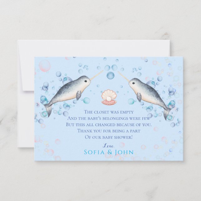Lovely ocean baby boy Narwhal & bubbles Thank You Card (Front)