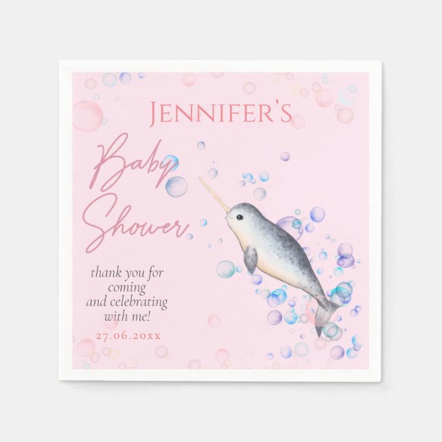 Lovely ocean baby Narwhal bubbles  Baby Shower Napkin (Front)
