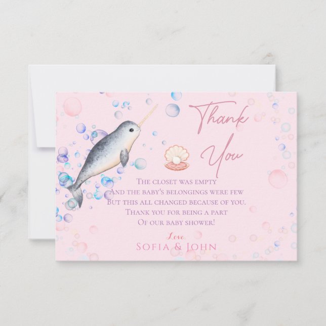 Lovely ocean baby Narwhal & bubbles  Thank You Car Card (Front)