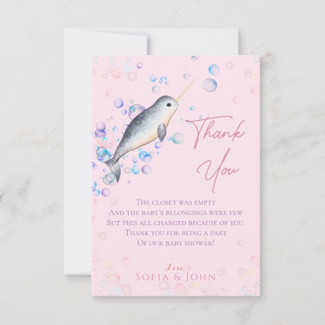 Lovely ocean baby Narwhal & bubbles  Thank You Card (Front)