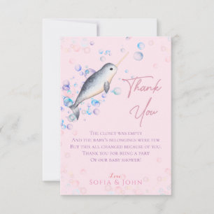 Lovely ocean baby Narwhal & bubbles  Thank You Card