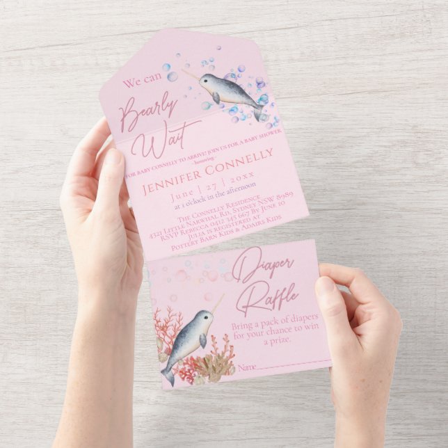 Lovely Ocean Narwhal seashells bubbles Baby Shower All In One Invitation (Tearaway)