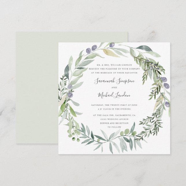 Lovely Olive and leaves formal wedding Invitation (Front/Back)