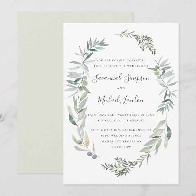 Lovely Olive and leaves wreath wedding Invitation (Front/Back)