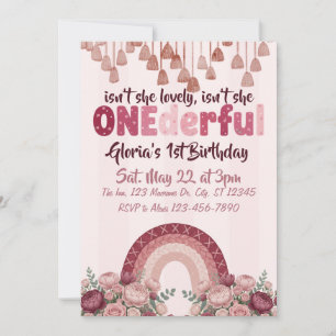 lovely, ONEderful, dusty rose rainbow 1st Birthday Invitation