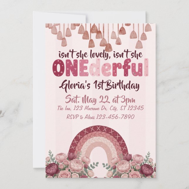 lovely, ONEderful, dusty rose rainbow 1st Birthday Invitation (Front)
