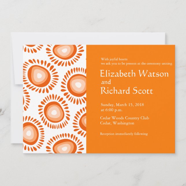 Lovely orange funky flowers wedding invitation (Front)