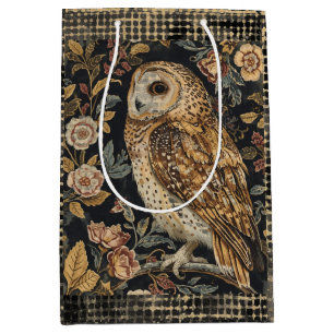 Lovely Owl in the Flowers Garden ,Gold Checkered , Medium Gift Bag