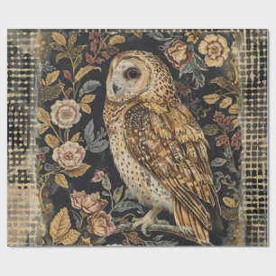 Lovely Owl in the Flowers Garden ,Gold Checkered Wrapping Paper