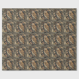 Lovely Owl in the Flowers Garden ,Gold Chequered Wrapping Paper