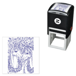LOVELY PAIR OF UNICORNS, FANTASY HORSES & FLOWERS SELF-INKING STAMP