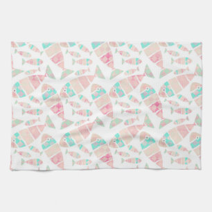 Lovely Pastel Nautical Fish Watercolor Pattern Tea Towel