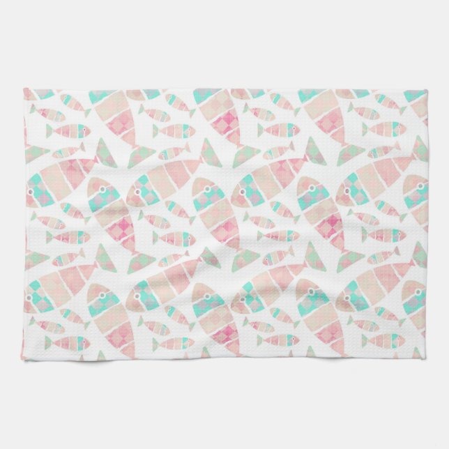 Lovely Pastel Nautical Fish Watercolor Pattern | Tea Towel (Horizontal)