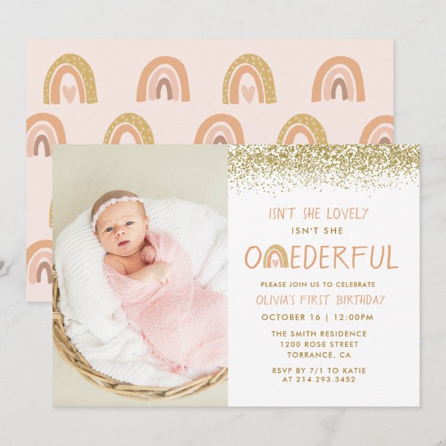 Lovely Pastel Rainbow 1st Birthday Photo Invitation (Front/Back)