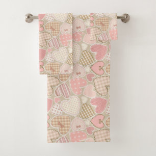 Lovely Patchwork Quilt Pattern Pink Hearts Bows Bath Towel Set