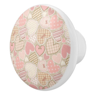 Lovely Patchwork Quilt Pattern Pink Hearts Bows Ceramic Knob