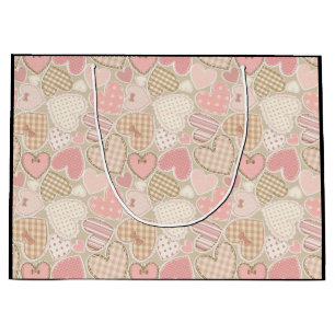Lovely Patchwork Quilt Pattern Pink Hearts Bows Large Gift Bag