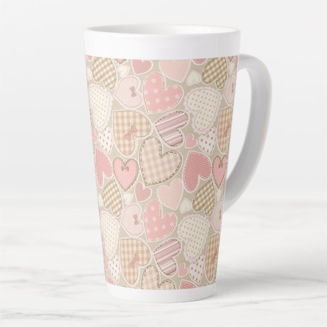 Lovely Patchwork Quilt Pattern Pink Hearts Bows Latte Mug (Right Angle)
