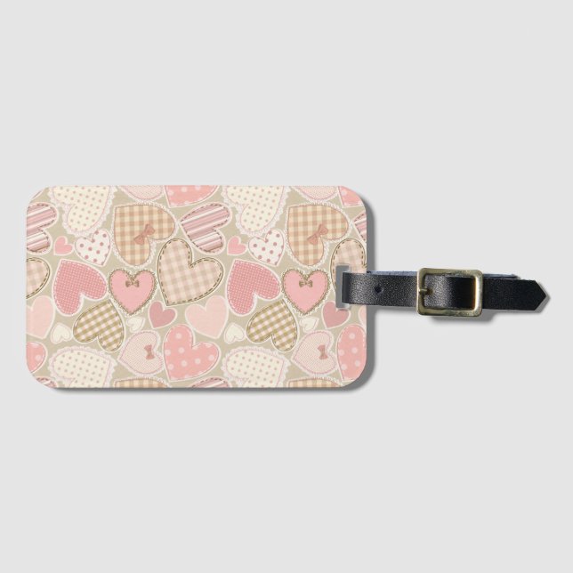 Lovely Patchwork Quilt Pattern Pink Hearts Bows Luggage Tag (Front Horizontal)