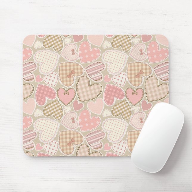 Lovely Patchwork Quilt Pattern Pink Hearts Bows Mouse Mat (With Mouse)