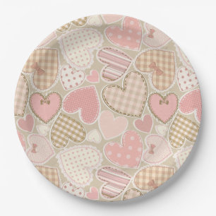 Lovely Patchwork Quilt Pattern Pink Hearts Bows Paper Plate