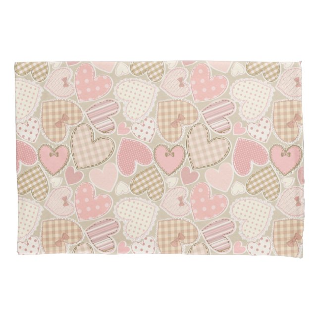 Lovely Patchwork Quilt Pattern Pink Hearts Bows Pillowcase (Front)