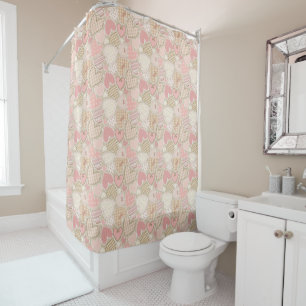Lovely Patchwork Quilt Pattern Pink Hearts Bows Shower Curtain
