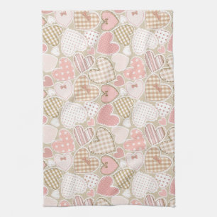 Lovely Patchwork Quilt Pattern Pink Hearts Bows Tea Towel