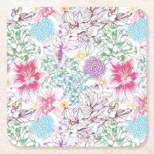 Lovely pattern with colourful flowers square paper coaster