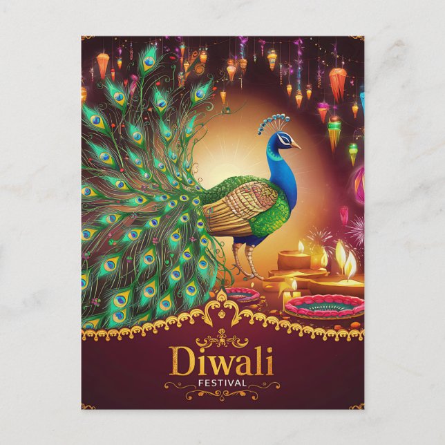 Lovely Peacock Diya Festival of Light Happy Diwali Holiday Postcard (Front)