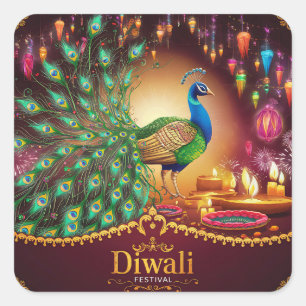 Lovely Peacock Diya Festival of Light Happy Diwali Square Sticker